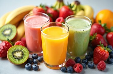 Three glasses of fresh fruit juice smoothies surrounded by fresh fruit assortment. Colorful healthy food with vibrant colors. Breakfast, snack, dessert, diet food. Strawberries blueberries orange