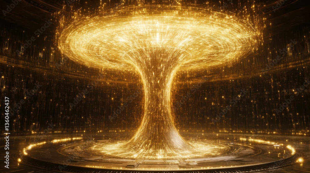 Poster quantum processor radiating golden light and performing complex calculations on a futuristic circuit