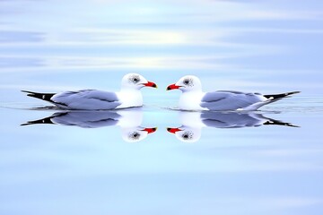 Seagulls Facing for Calm Water Reflection.