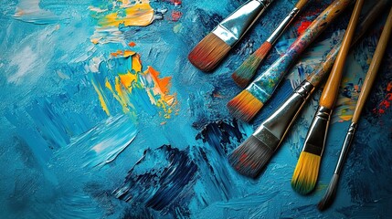 Obraz premium Several paintbrushes with colorful paint on them, placed on a surface covered with blue and other colored paints, vibrant colors, high - contrast, realistic