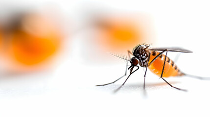 Closeup of a Mosquito on White Background with Orange Blur