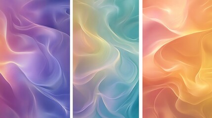Obraz premium Three abstract background images with flowing colors, in orange - red, blue - purple, and pink - orange color schemes respectively, digital art, fluid effect