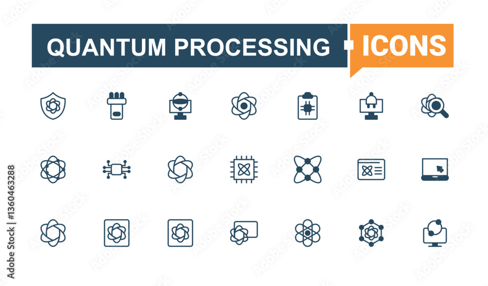 Poster quantum processing icon pack. featuring physics, computer, intelligence, science, engineering, chips