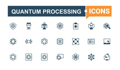 Quantum Processing icon pack. Featuring physics, computer, intelligence, science, engineering, chips, tech and more. Quantum Computing icon. Vector line and solid icons. Pixel perfect.
