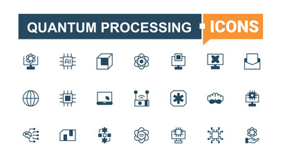 Quantum Processing icon pack. Featuring physics, computer, intelligence, science, engineering, chips, tech and more. Quantum Computing icon. Vector line and solid icons. Pixel perfect.