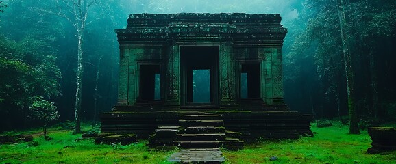 Ancient stone temple in lush forest, misty