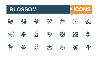 Blossom icon collection. It contains symbols to garden, nature, floral, decor, plant, bloom. Flower related icon. Outline icons collection. Pixel perfect. Solid line editable stroke.