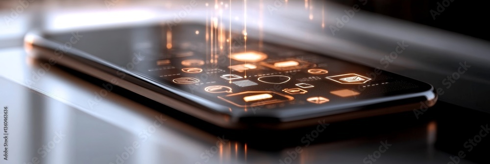 Poster modern smartphone displaying glowing app icons on a sleek surface, highlighting technology and digit