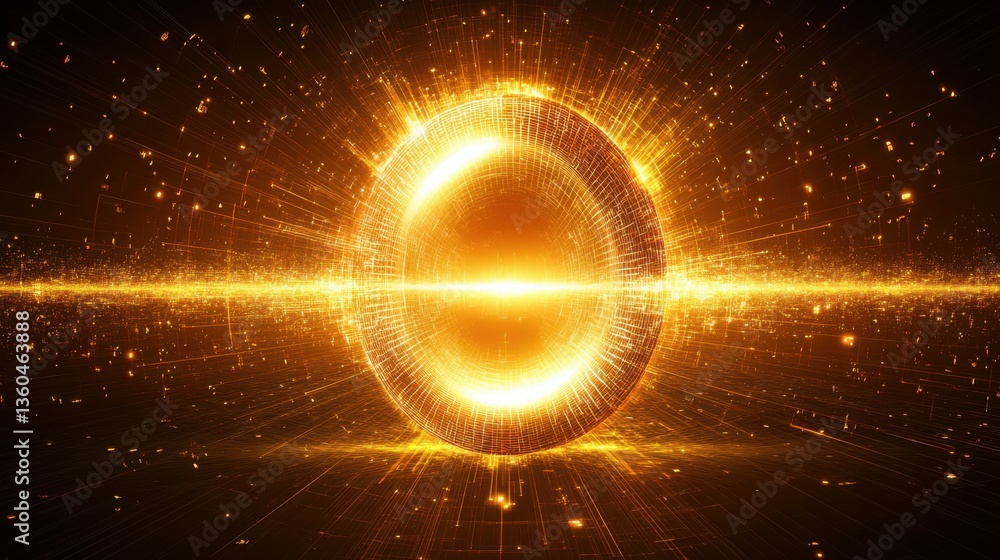 Poster quantum processor radiating golden light and performing complex calculations on a futuristic circuit