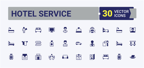 Set of Hotel Service line icon. Related to restaurant, travel, room service, reception, hospitality and more. Modern thin line style icons. Fast linear icon pack. Solid line editable stroke.