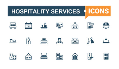 Hospitality Services icon pack. Pack of travel, hostel, hotel, receptionist, restaurant, reception and more. Hotel Service linear icon. Modern thin line style icons. Editable vector art.