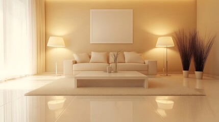 A serene living room featuring soft lighting, a minimalist couch, and decorative plants.