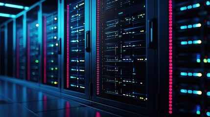 Futuristic data center featuring illuminated server racks, vivid pink and blue lights, and a high-tech environment. Great for AI, networking, and cloud infrastructure concepts