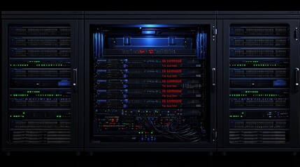 Close-up view of a modern server rack setup with green and red LED indicators, detailed cabling, and high-performance equipment. Perfect for IT, datacenter, and cybersecurity use