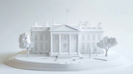 A miniature, white model of the White House sits surrounded by fluffy, white trees. 