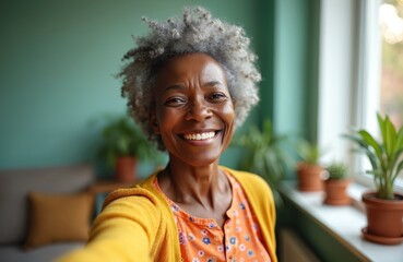 Cheerful senior black woman takes selfie home. Elderly lady smiles, showing good mood. African American woman enjoys retirement. Portrait of happy, mature, aged female with mobile phone.
