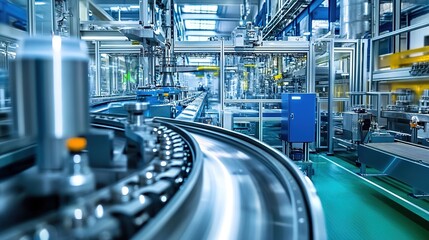 Fototapeta premium A modern industrial production line scene with metal equipment and conveyor tracks, some areas with motion blur effect, high - tech style, bright lighting