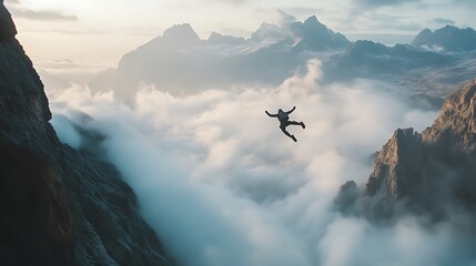 Fototapeta premium A person appears to be falling through clouds above a dramatic mountain landscape.