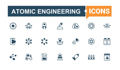 Atomic Engineering icon pack. Related to chemistry, science, innovation, bio, molecule, ai and more. Nanotechnology icon set. Perfect for logos and infographic. Solid line editable stroke.