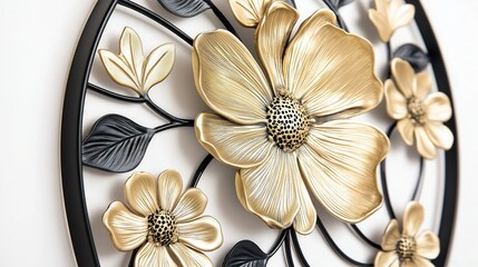 A stunning round gold metal flower frame with black accents, showcasing intricate floral detailing, perfect for an elegant and timeless wall art display.