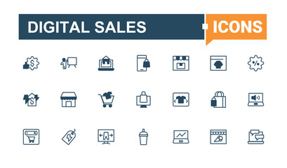 Set of Digital Sales line icon. Pack of marketing, market, sale, shop, shipping, commerce and more. Online Sales vector icon set. Minimal linear icons. Pixel perfect. Solid line editable stroke.