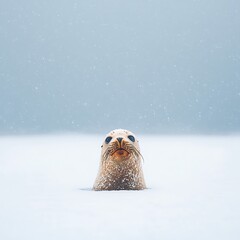 Seal pup for snowy ocean, winter.