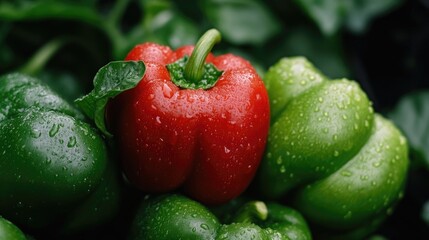 Fresh, vibrant red and green peppers, glistening with water droplets, nestled amongst their brethren