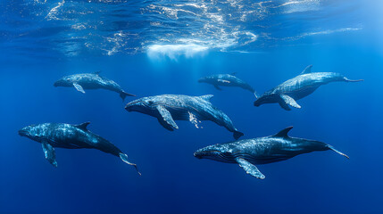 Obraz premium The playful movements of a pod of whales in the deep blue ocean create a stunning display of nature power and grace as they leap and dive together in harmony