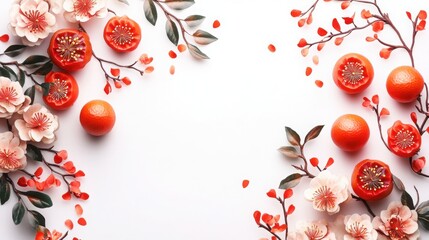 Fototapeta premium Autumn blossoms and persimmons in a balanced floral arrangement