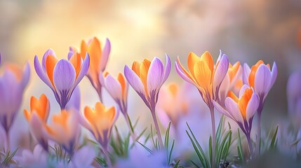 A cluster of flowers with orange and purple tulips and purple hyacinths, with soft light spots in the background, natural and vibrant, macro shot