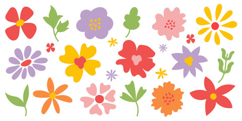 Hand-drawn flowers. Cute spring flowers. Hand-drawn flower collection in a modern flat style. Bright abstract flowers and leaves. Decorative botanical elements for prints, fabrics, and designs.