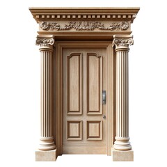 Obraz premium A light gray door with classical decorations, including columns and top carvings, against a pure white background, high - detail 3D render