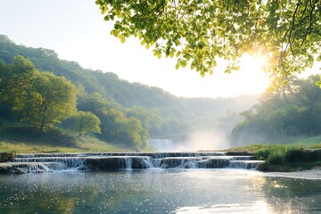 Obraz premium Serene Waterfall Sunrise Landscape.