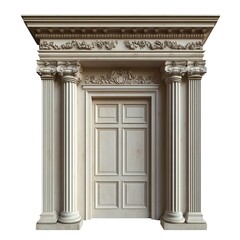 Obraz premium A light gray door with classical decorations, including columns and top carvings, against a pure white background, high - detail 3D render