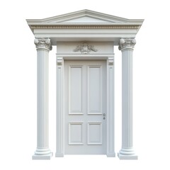 Obraz premium A light gray door with classical decorations, including columns and top carvings, against a pure white background, high - detail 3D render