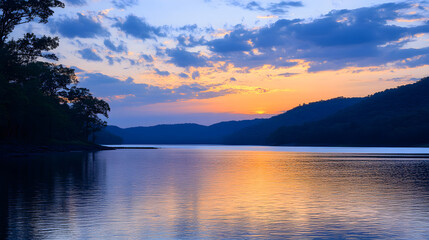The quiet beauty of a mountain lake at dusk, where the soft glow of the setting sun reflects off the water surface, creates a peaceful and contemplative scene