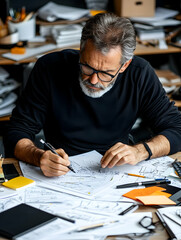 Focused man sketching designs at cluttered desk
