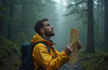 Male hiker lost in forest holding map looking for direction during rainy day. Young adult wearing yellow raincoat and backpack exploring nature on adventure. Foggy landscape with trees.