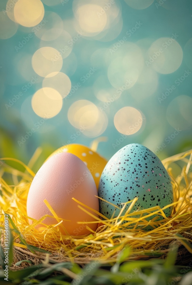 Poster colorful easter eggs in nest with soft straw and bokeh background, celebrating spring and joyful hol