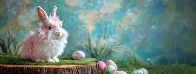 Cute, fluffy bunny sitting on tree stump covered in green grass. Calm, curious rabbit hast white, light pink fur,  big ears standing up. Around hare several decorated Easter eggs in soft pastel colors