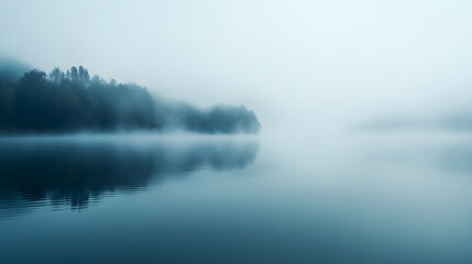 Fototapeta premium The serene morning fog that blankets the lake creates an ethereal atmosphere, where every surface appears smooth and flawless, offering a peaceful moment of reflection