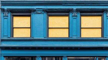 Urban blue building facade with yellow windows.  Possible stock photo use
