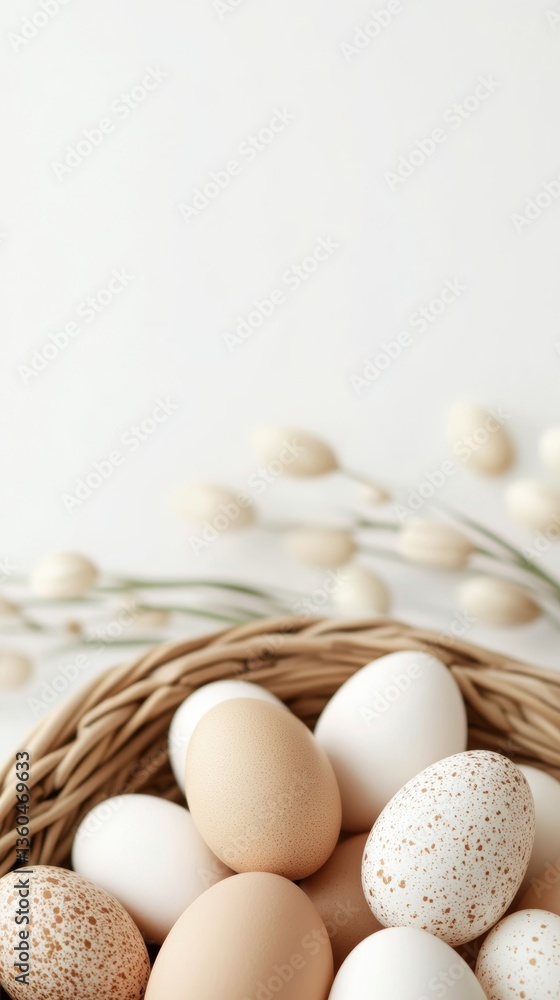 Poster different types of eggs resting in a woven basket with decorative stems in a bright, softly lit sett