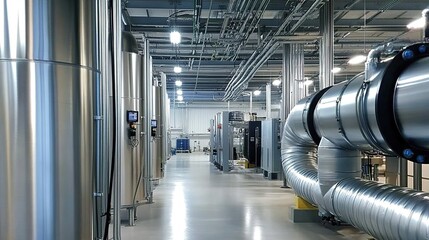 Fototapeta premium Silver metal pipes and equipment arranged in an industrial factory building, industrial style, realistic photography