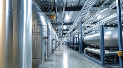 Obraz premium Silver metal pipes and equipment arranged in an industrial factory building, industrial style, realistic photography