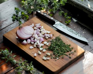 A polished wooden chopping board with freshly chopped onions garlic and herbs next to a sharp kitchen knife