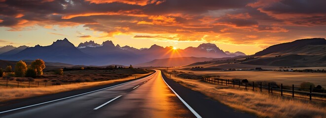 Highway Road Trip at Sunset with Mountains and Dramatic Sky