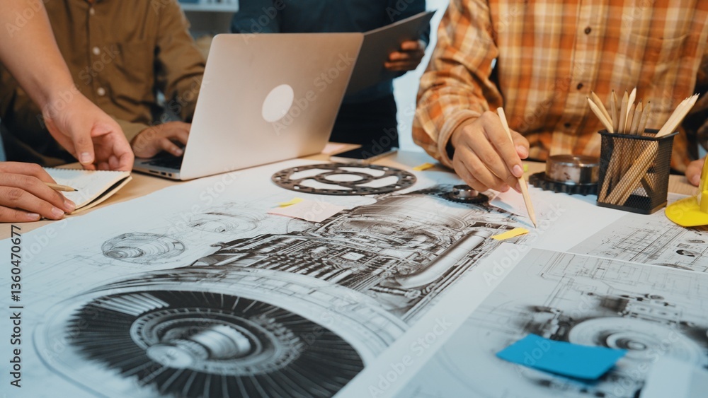 Aufkleber a team of engineers engaged in a brainstorming session, surrounded by technical drawings and modern 