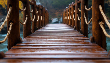 Fototapeta premium Wet Wooden Bridge Pathway Rope Railing Autumn Nature Scenery
