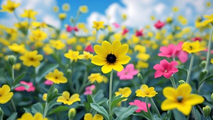 Obraz premium Field filled with bright yellow flowers set against a backdrop of a clear blue sky